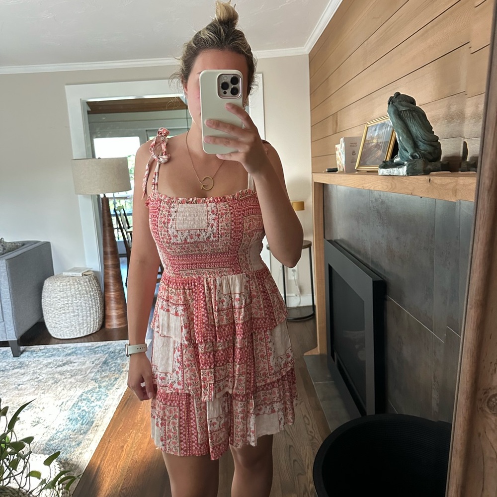 American Eagle Outfitters Pink and White Tiered Ruffled Sundress